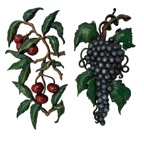 Vintage Sexton Metal Fruit Wall Plaques Grapes & Cherries Mid Century Wall Art