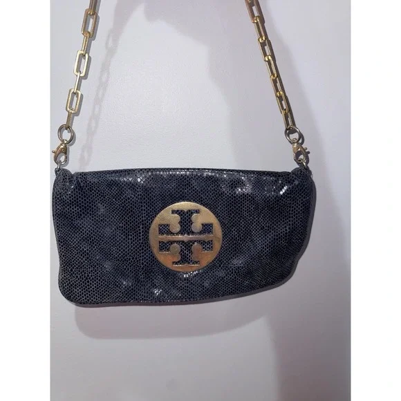 Tory Burch‎ Reva Clutch Blue Leather Snakeskin Print Chain Handbag Bag L