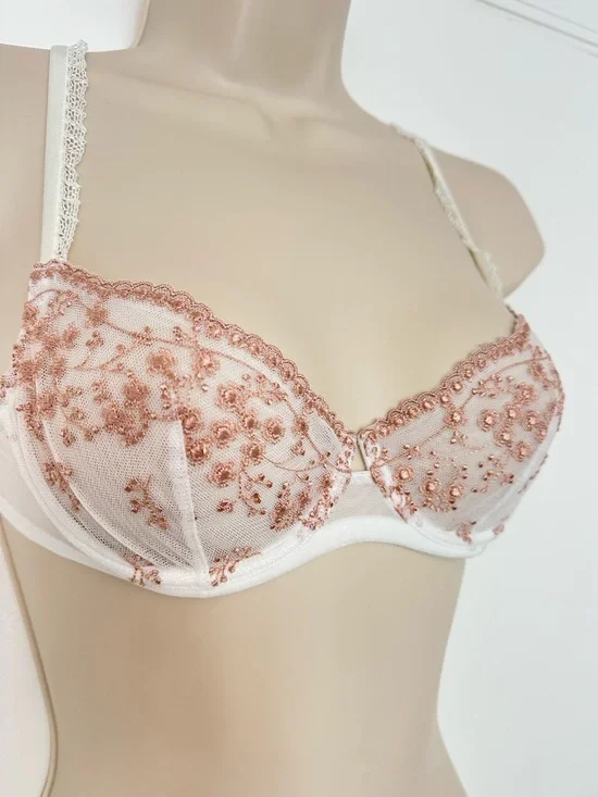 La Perla White and Brown Floral Lace Bra