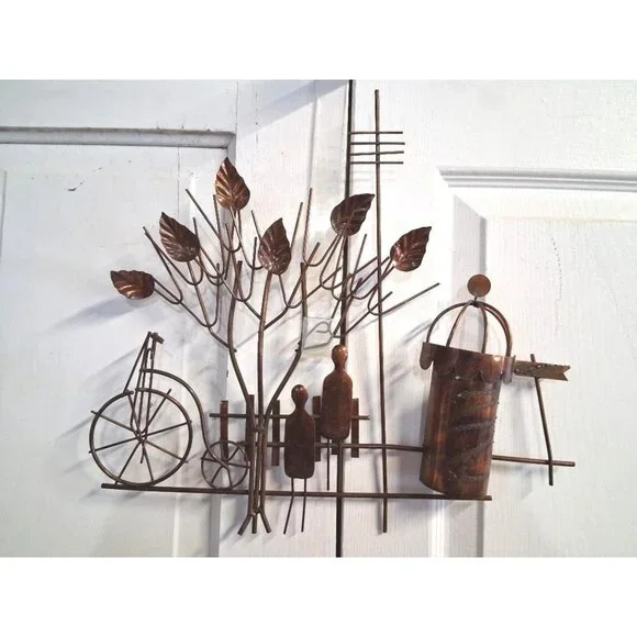 Vintage Emesco 1974 Copper Wall Art With Bicycle Tree & People Scene Made In Hon