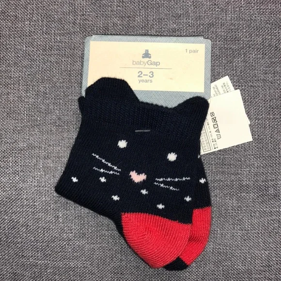 Baby Gap Kitty Cat Socks Navy Blue Red Heel Cat Face 2-3 Years 117097923003
