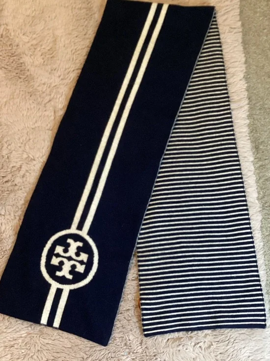 Tory Burch Navy and White Striped Logo Knit Scarf