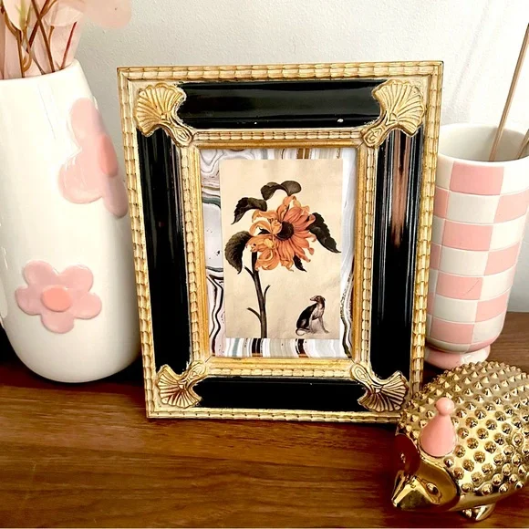 Surreal Sunflower & Dog Art Postcard Print Framed Art Nouveau Frame Black Gold