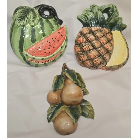 3 Vintage Hand Painted Ceramic 3D Fruit Wall Hanging Home Decor 7 - 8 Inches