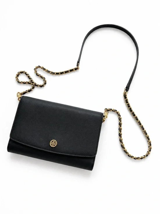 Tory Burch Black Leather Chain Strap Crossbody with Gold Logo