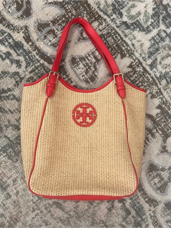 Tory Burch Raffia Straw Tote with Poppy Red Leather Trim