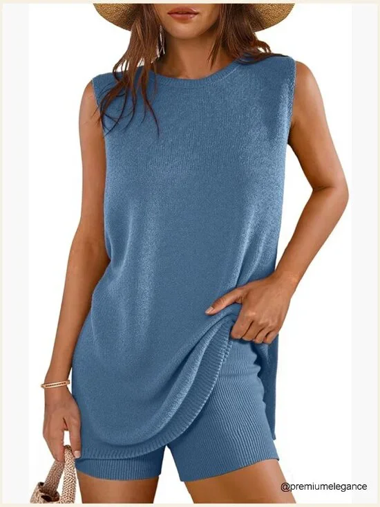2 Piece Short Set Summer Lounge Set Sweater Knit Matching Travel Outfits Beach