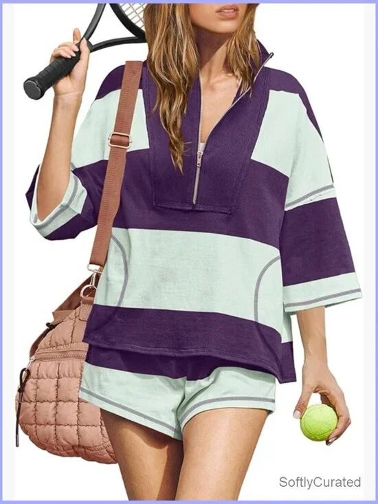 Striped 2 Piece Short Set with Pockets Workout Lounge Matching Outfit