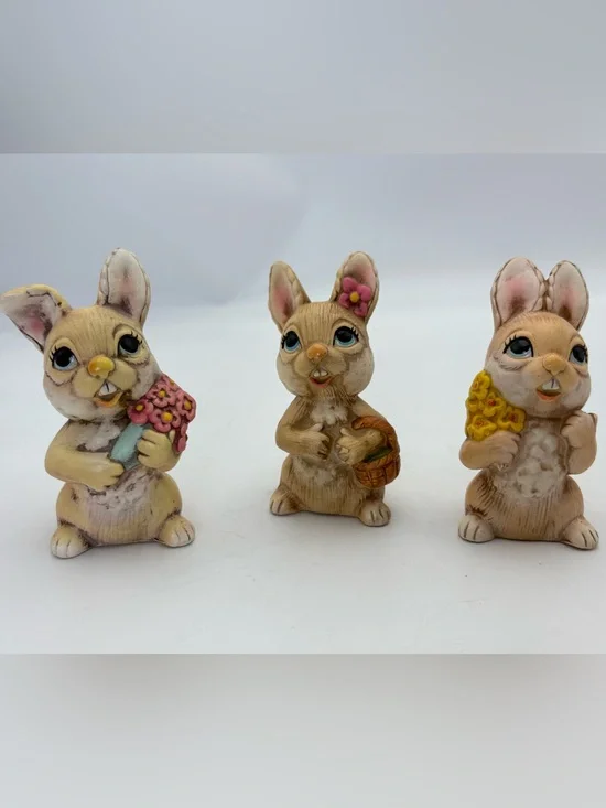 Vintage Norleans Decorative Bunny Figurines with Flower Accents - Set of 3