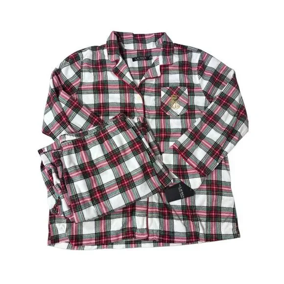 Lauren Ralph Lauren Cream Red Plaid Soft Fleece Pajama 2 PC Set XL Women’s new