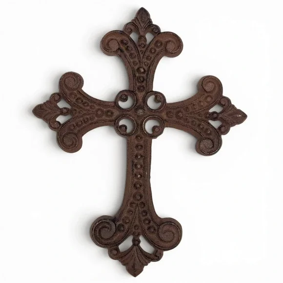 Cast Iron Brown Rusted Metal Dot & Scroll Christian Cross Rustic Wall Art