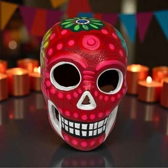 Mexican Clay Skull Hand painted red New