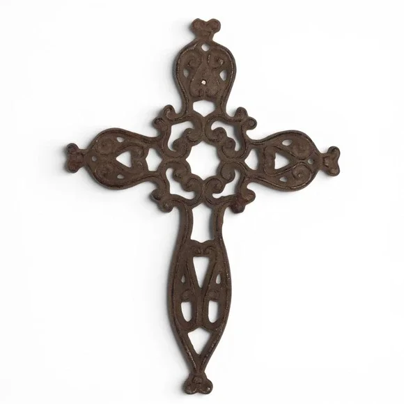 Cast Iron Brown Rusted Metal Scalloped Hearts Christian Cross Rustic Wall Art