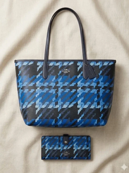 Coach Graphic Plaid Matching Set- City Tote & Slim Wallet