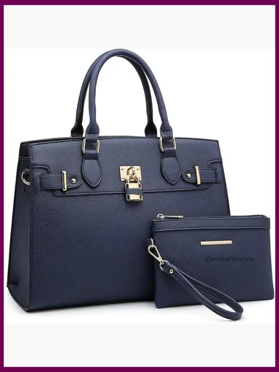 Vegan Leather Satchel Tote Handbag with Matching Wristlet Set