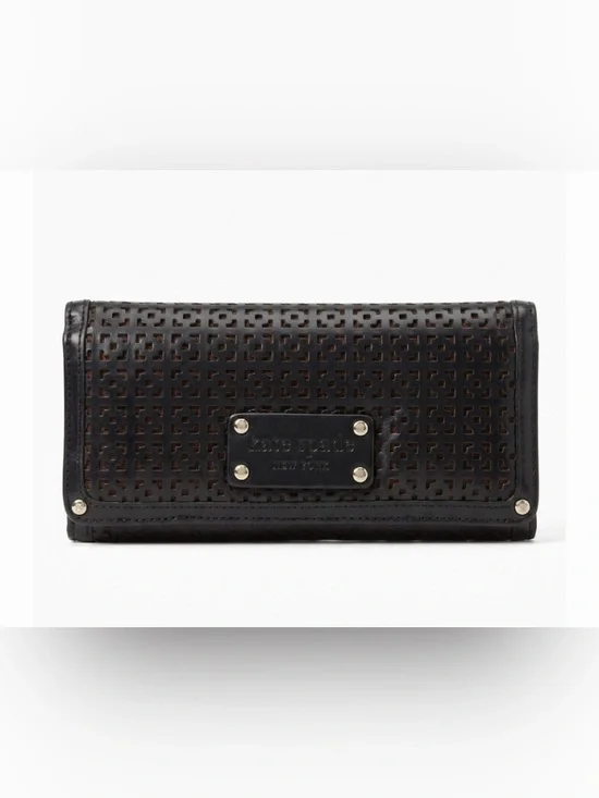 Kate Spade New York Metro Perforated Black Leather Flap Wallet Clutch Pouch EUC