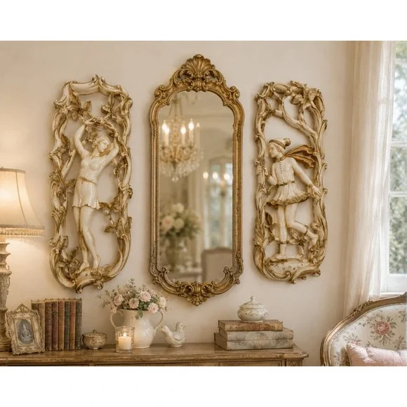 Vintage 70s Art Nouveau Wall Plaques Summer Winter Ivory Gold Plaster Panel Set