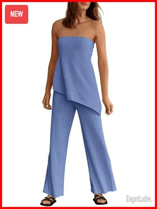 2 Piece Matching Lounge Set: Tube Top & Wide Leg Pants