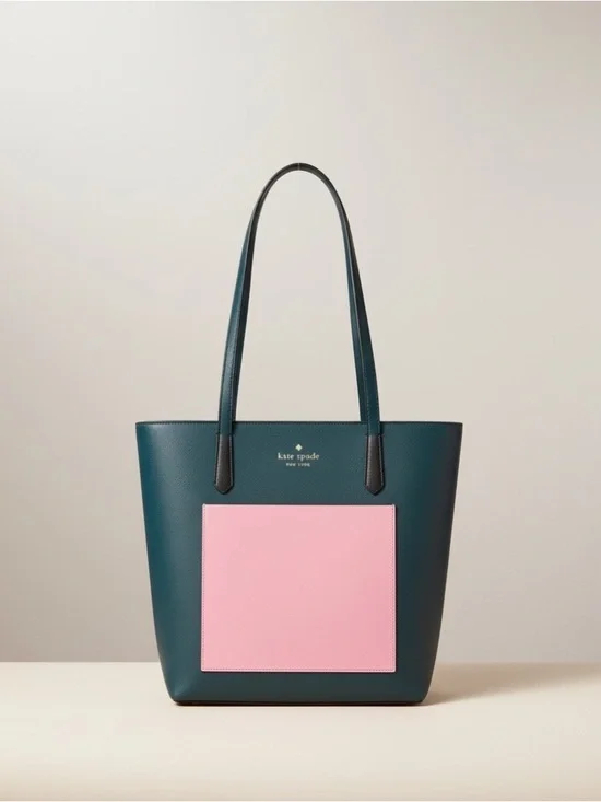 Kate Spade Market Tote NWT Green Pink Colorblock Leather Zip