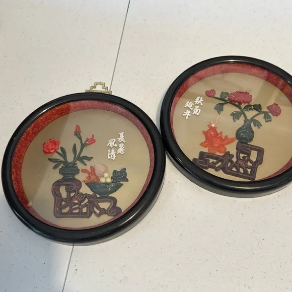 Vintage Asian Shadowbox with Faux Jade carvings, Set of 2