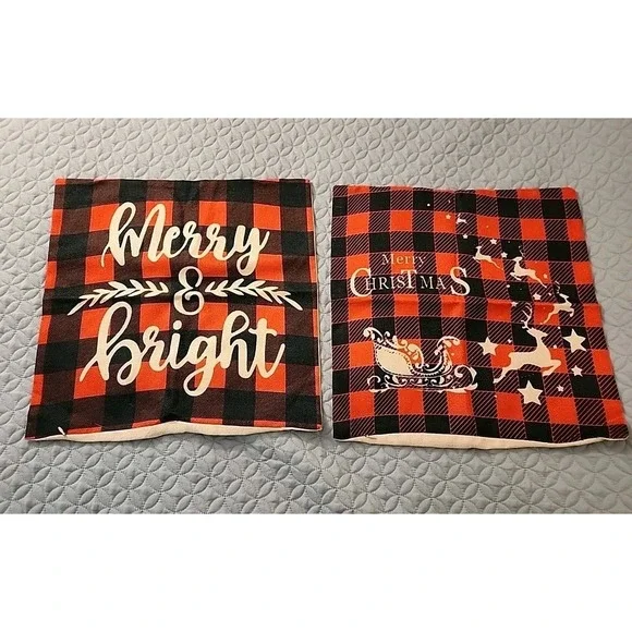 Lot Of 2 Outdoor Pillow Covers Christmas Reindeer Red & Black 17