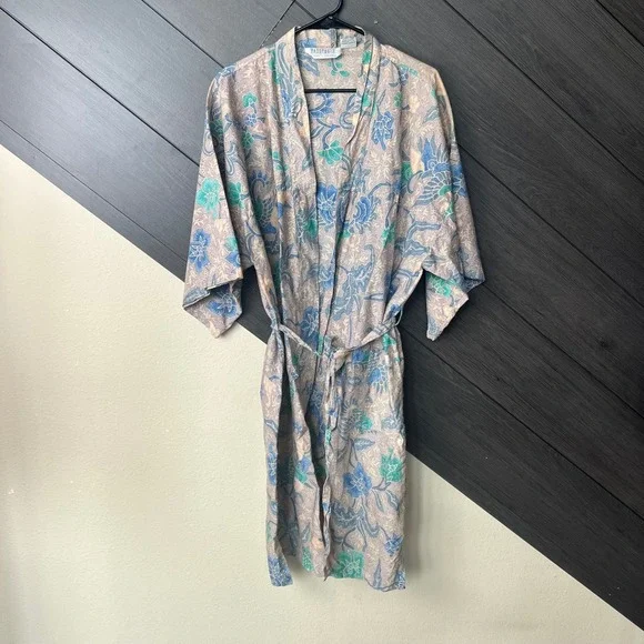 Pier 1 Passport Women's Floral Kimono Robe Duster One Size Beige Blue VTG‎