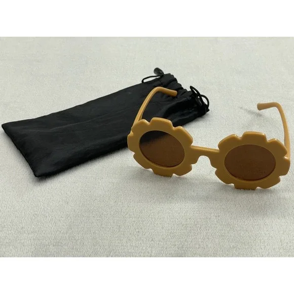 Retro Flower Round Sunglasses Kids Yellow Sunflower Frame Dark Lens w/ Pouch