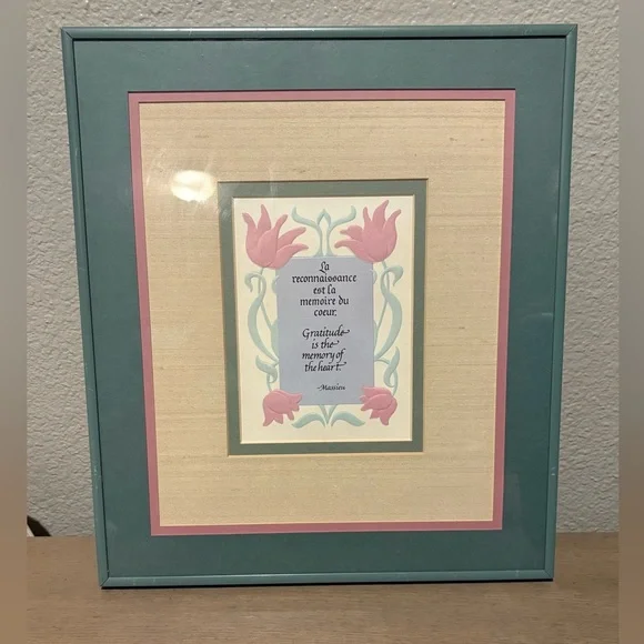 Beautiful Pastel Light Blue and Baby Pink Bilingual Gratitude Framed Quote Decor