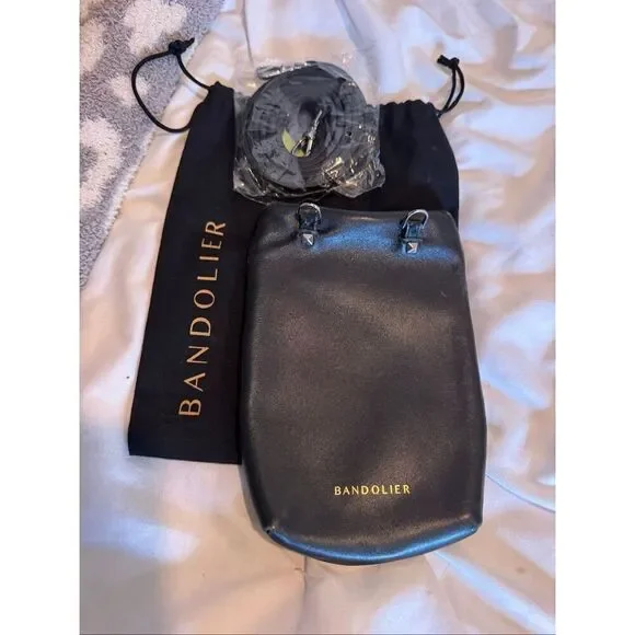 Bandolier black leather Nicole crossbody strap & Dylan top flap pouch/bag purse