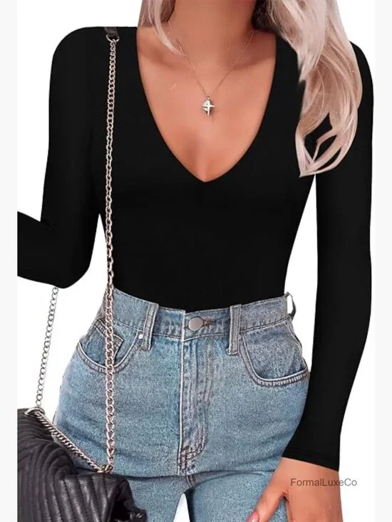 Women's Plunge Deep V Neck Long Sleeve Bodysuit Double Lined Thong Bodysuit Top