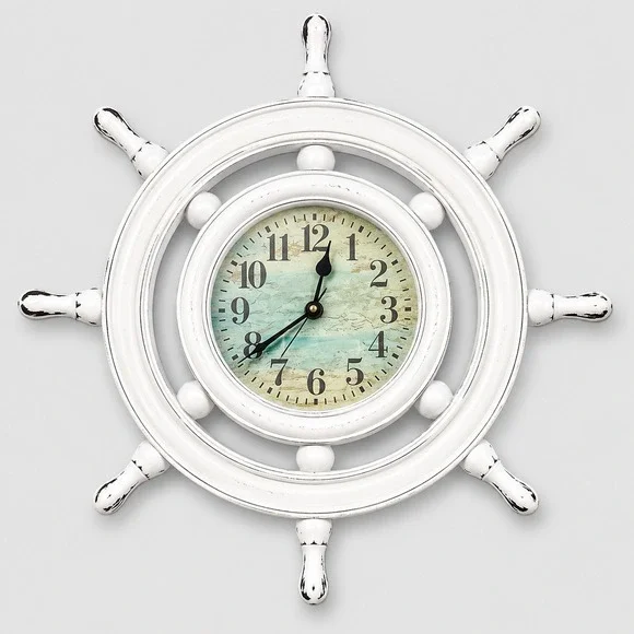 Nautical Ship Wheel Wall Clock Distressed White Coastal Decor 13 Inch Quartz