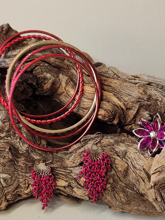 Pink-Red and Gold Women's Bangle Bracelet Set, Matching Dangle Earrings, Ring