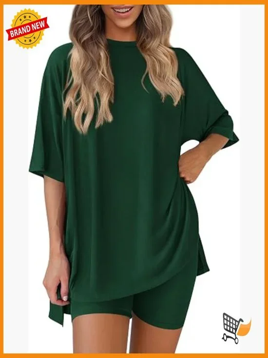 Women 2 Piece Lounge Set Oversized Shirt Biker Shorts Matching Outfit