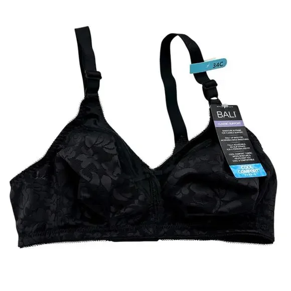Bali Classic Support Cool Comfort Black Floral Pattern Bra NWT Size 34C