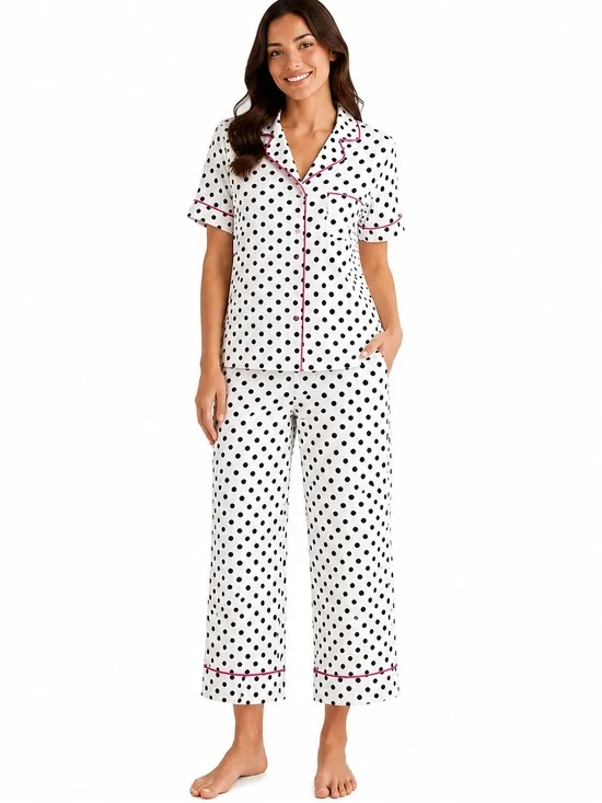 KATE SPADE Polka Dot Pajama Set White Black Pink Crop Pants Sleepwear Lounge Set
