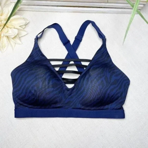 Victoria Secret Navy Leopard Plunge Strappy Sports Bra 32D