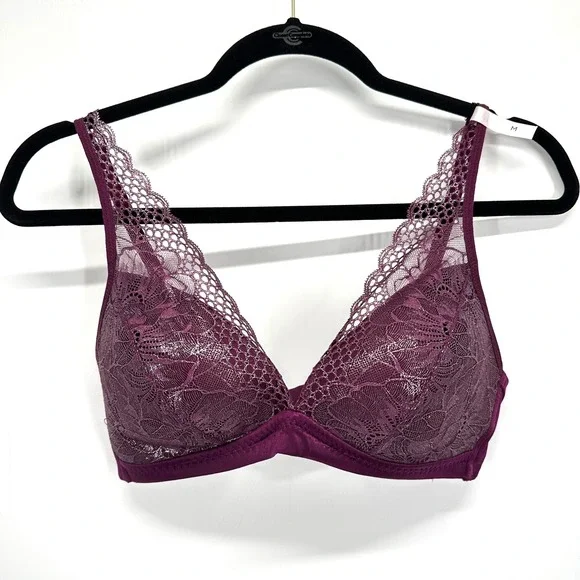 Ambrielle Full Coverage Lace Wireless Bra Size M Plum Purple Floral Comfort