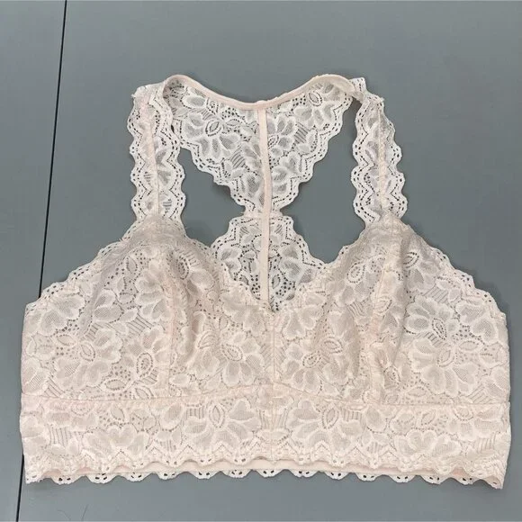 Felina Bra Light Pink Wireless Unlined Racerback Coquette Bralette Floral Lace M