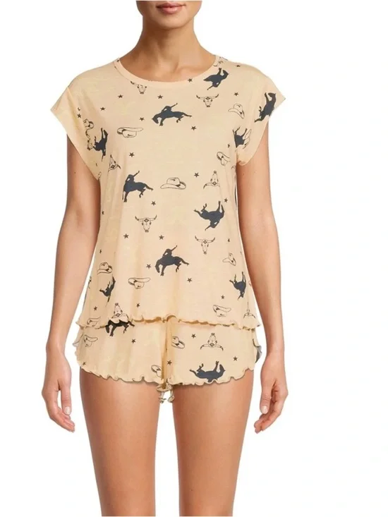 Paramount+Yellowstone Cowboy Print Yellow & Black 2 Pc. Shorts Pajama Set Medium
