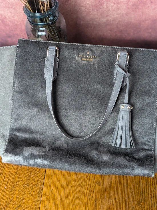 Kate Spade New York Gray Haircalf & Leather Large Tote Bag Tassel Purse