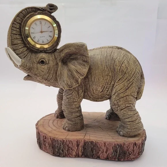 W.F. Elephant Figurine Desk Clock Adult Quartz Wildlife Resin Decor