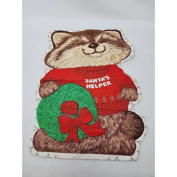 VINTAGE 1980s SHIRT TALES Unstuffed Raccoon Santa Helpers Pillow 17.5