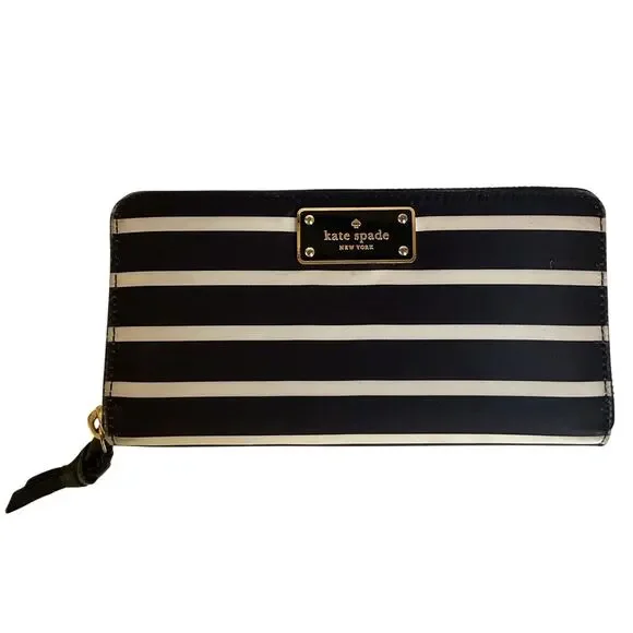 Kate Spade New York Black White Striped Zip Around Wallet Continental Purse