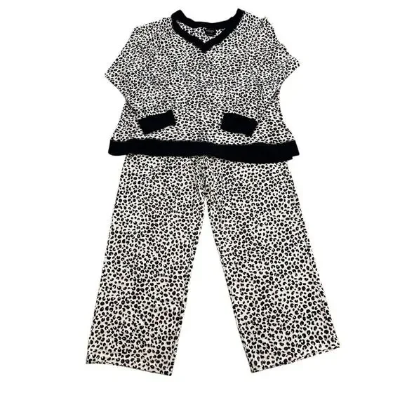 Kate Spade Womens Blue White Pink Leopard Print V-Neck Long Sleeve Pajama Set XL