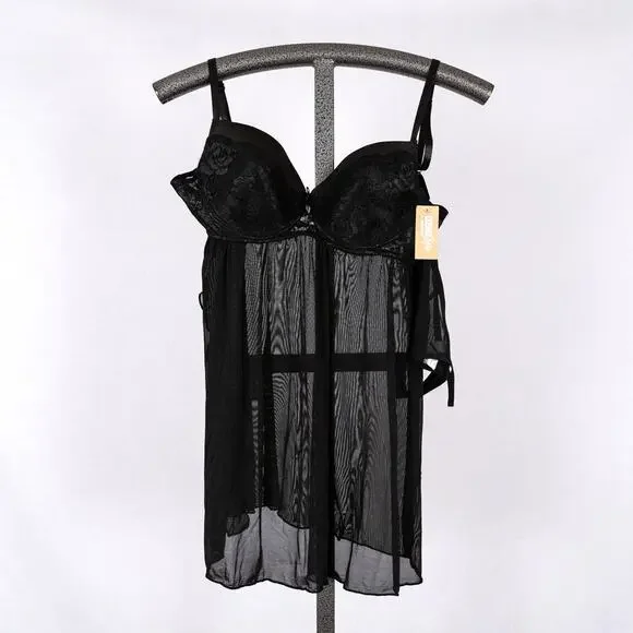 Cosmo Style Cosmopolitan Sheer Black Babydoll + Thong Set LARGE Lace Lingerie
