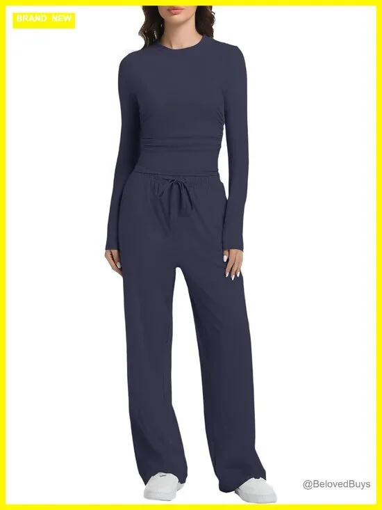 2 Piece Lounge Set Long Sleeve Wide Leg Tracksuit Casual Loungewear Matching Set