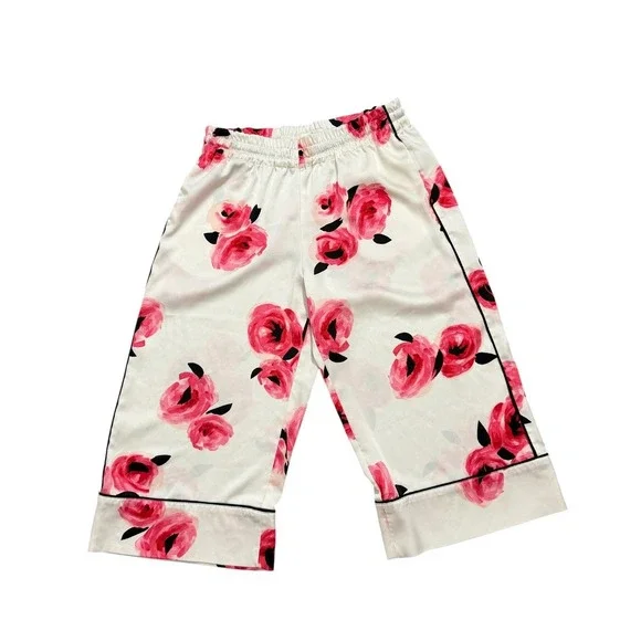 Kate Spade New York Pink Rose Floral Satin Pajama Pants White Wide Leg SZ Small