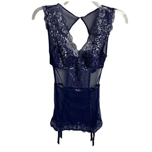 Victorias Secret Size 34B One Piece Lingerie Navy Blue Silver Metallic Open Back