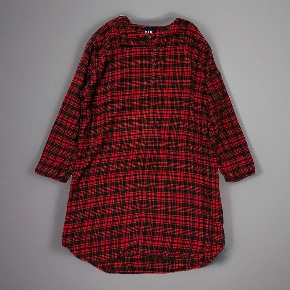 Vintage GAP Sleepshirt Flannel Red Heritage Plaid Pajama Night Gown Adult L