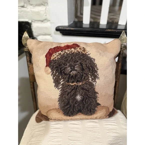 Vintage Black Poodle Dog Needlepoint Pillow 14